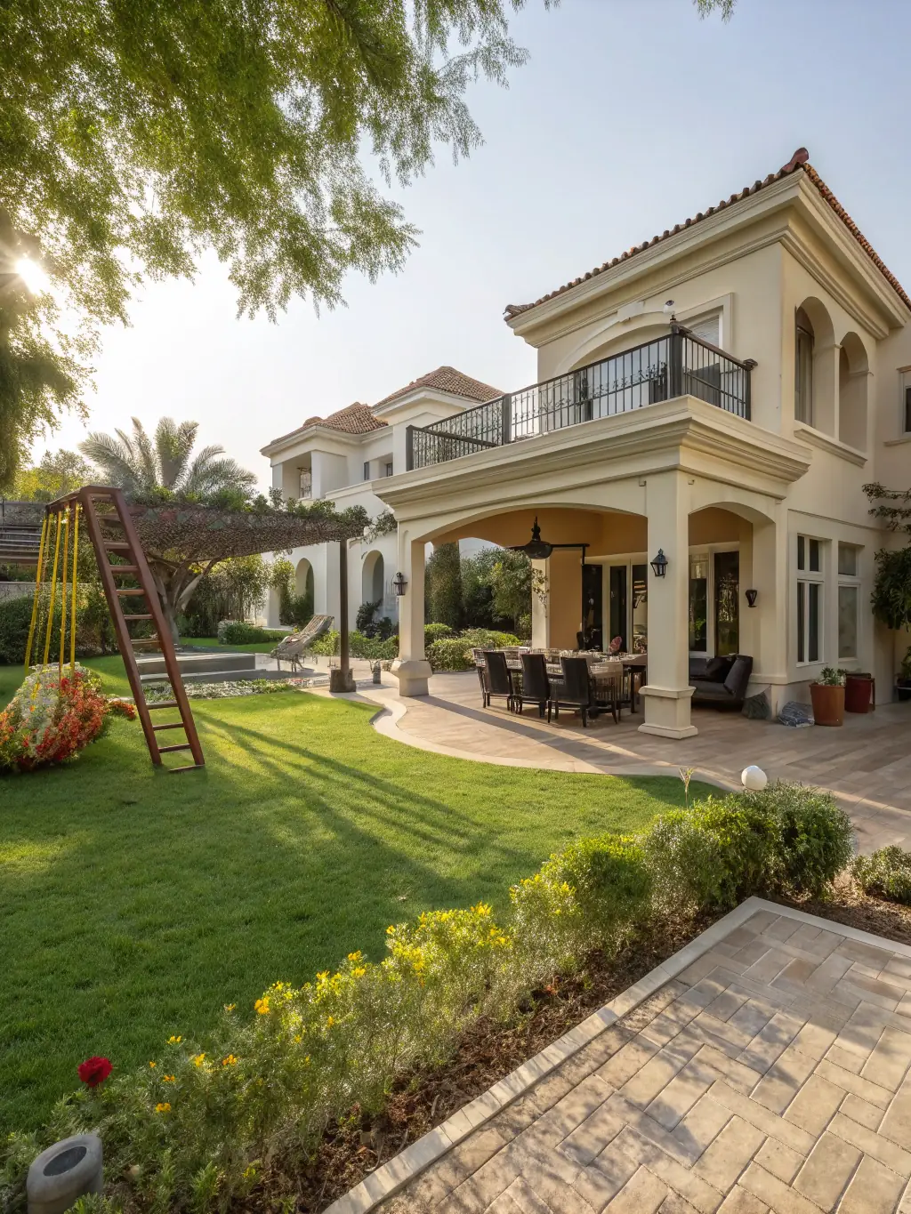 A luxurious villa in Emirates Hills, featuring a private pool, landscaped garden, and elegant architecture, highlighting the upscale villa lifestyle in Dubai.