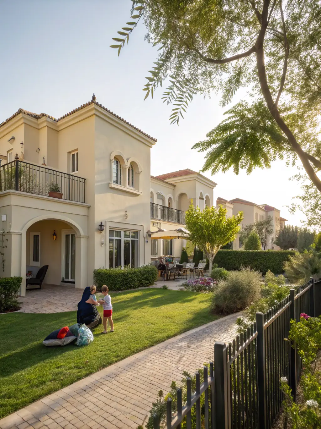 A row of modern townhouses in a family-friendly community in Dubai, with emphasis on the community parks and amenities, showcasing the benefits of townhouse living.